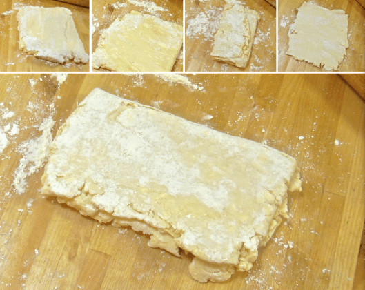 Look carefully and you can still see pieces of butter. Notice that the edges are misshapen. Each time you roll, gently press the edges in. 