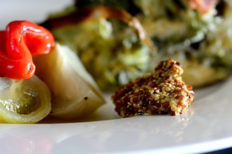 homemade mustard with canned green tomatoes and broccoli in custard in a pastry shell